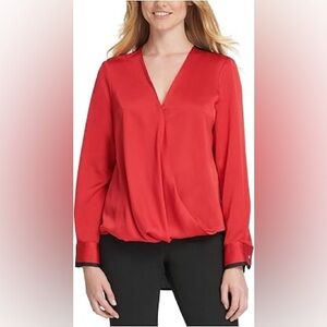 DKNY Donna Karan Size Large Red and Black Long Sleeve Blouse - like new